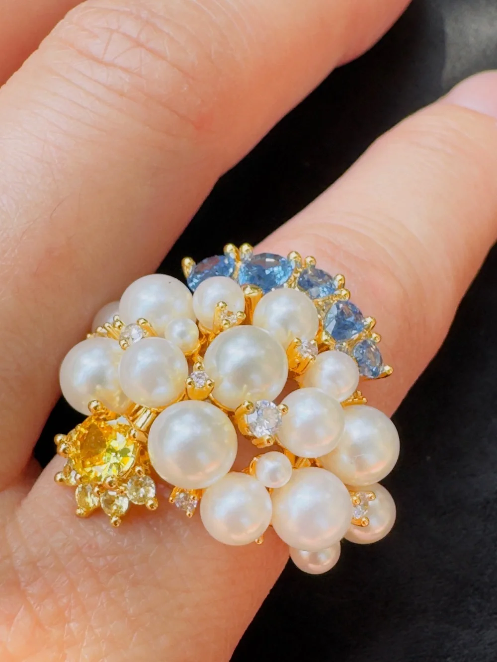 Elegant Gold Pearl Cluster Ring with Yellow and Blue Gem Accents